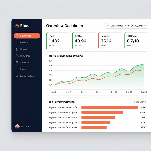 Phoo analytics dashboard with KPI cards and growth chart