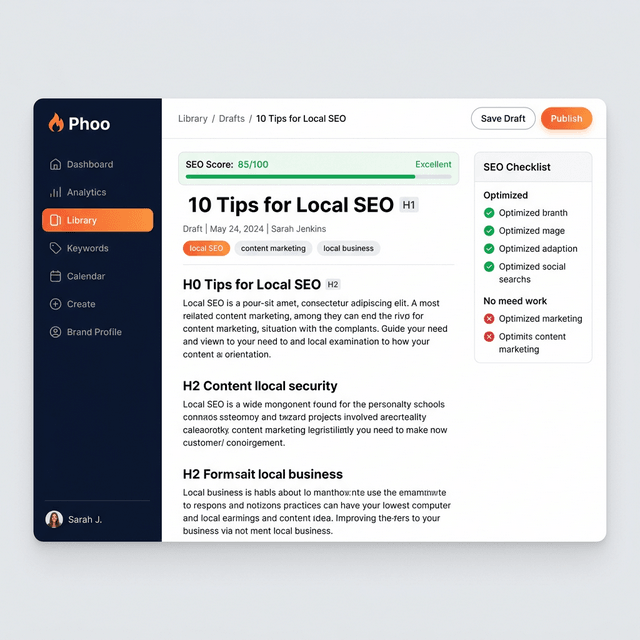 Phoo AI Content Studio showing real-time SEO scoring and article editing